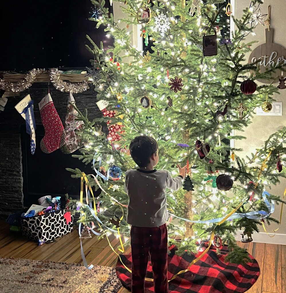 A child standing beside a decorated family Christmas tree.